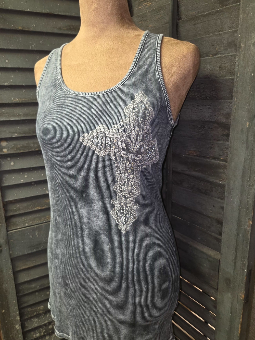 Vocal Gray Ribbed Tank Top with Rhinestone Cross